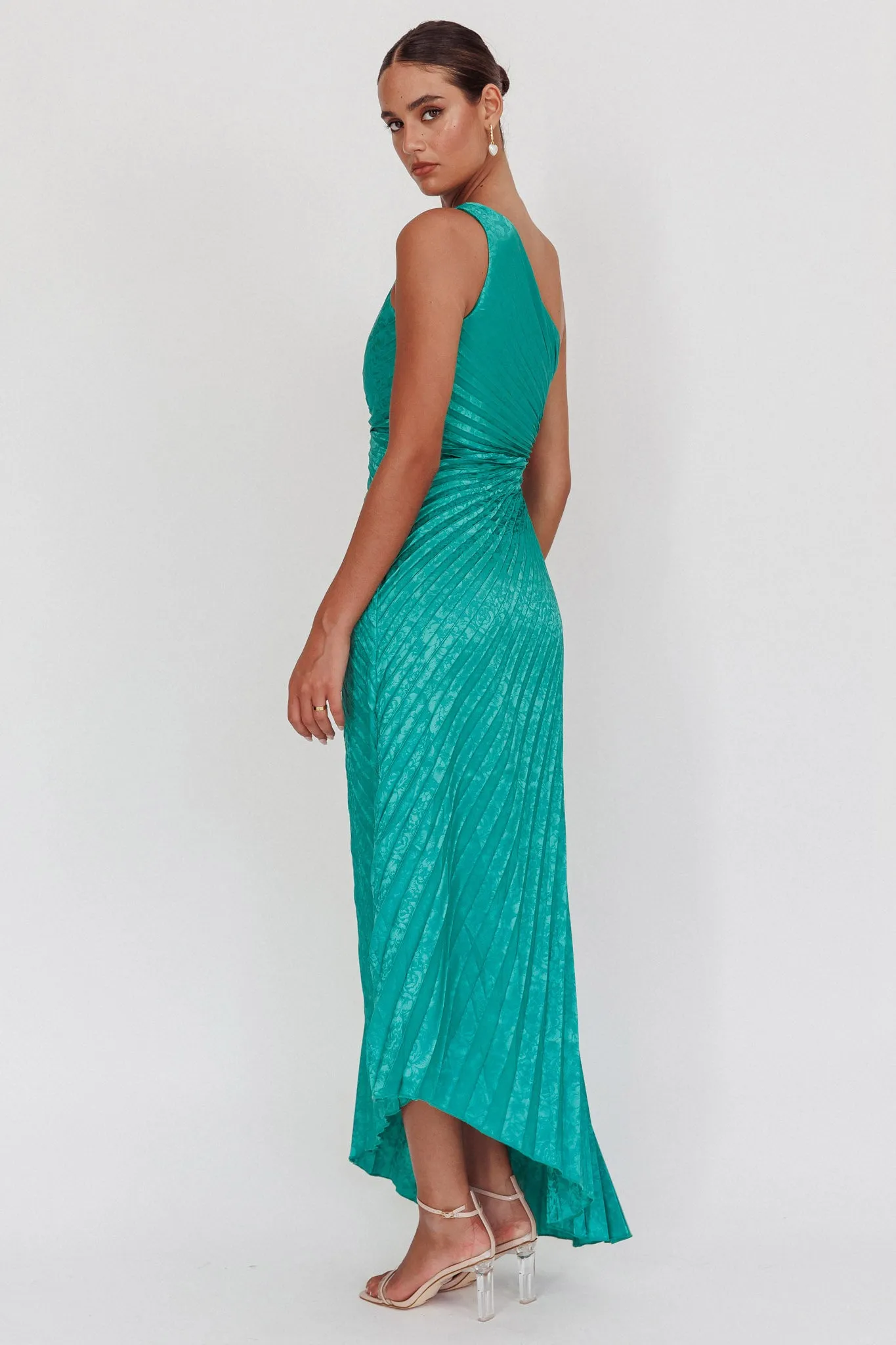 Amelie One-Shoulder Accordion Pleat Maxi Dress Kelly Green