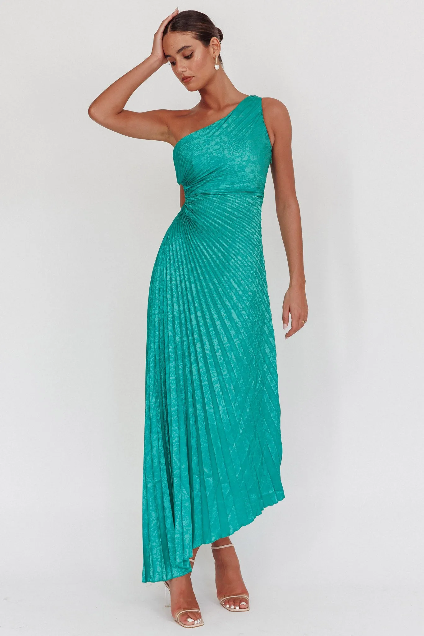 Amelie One-Shoulder Accordion Pleat Maxi Dress Kelly Green