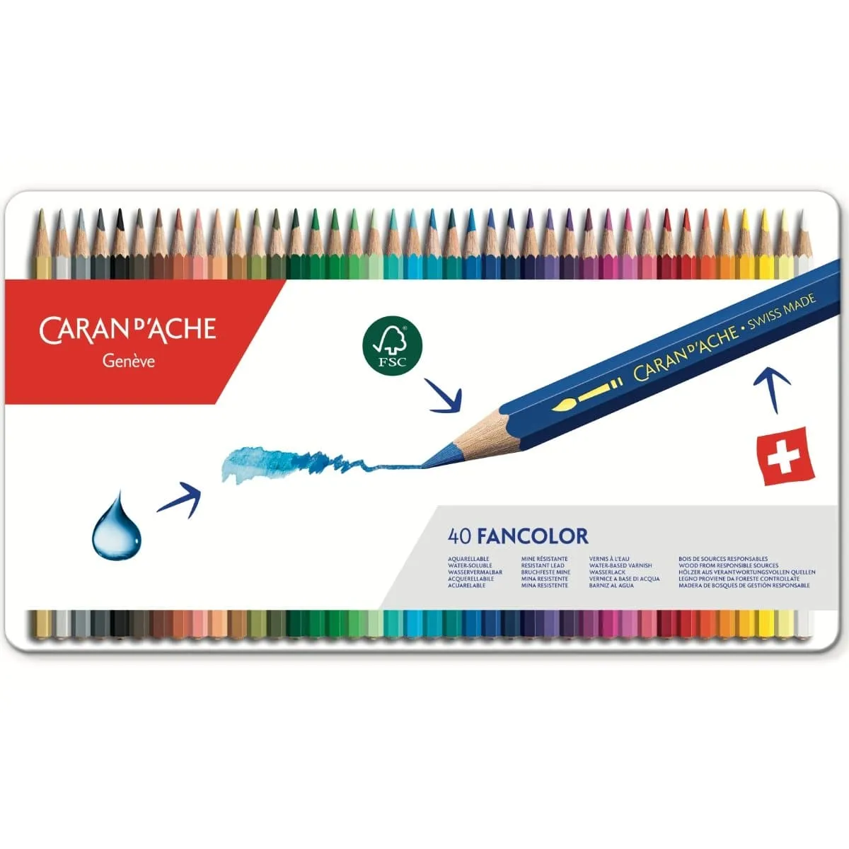 CARAN d'ACHE FANCOLOR Color Pencil, 40/metal case