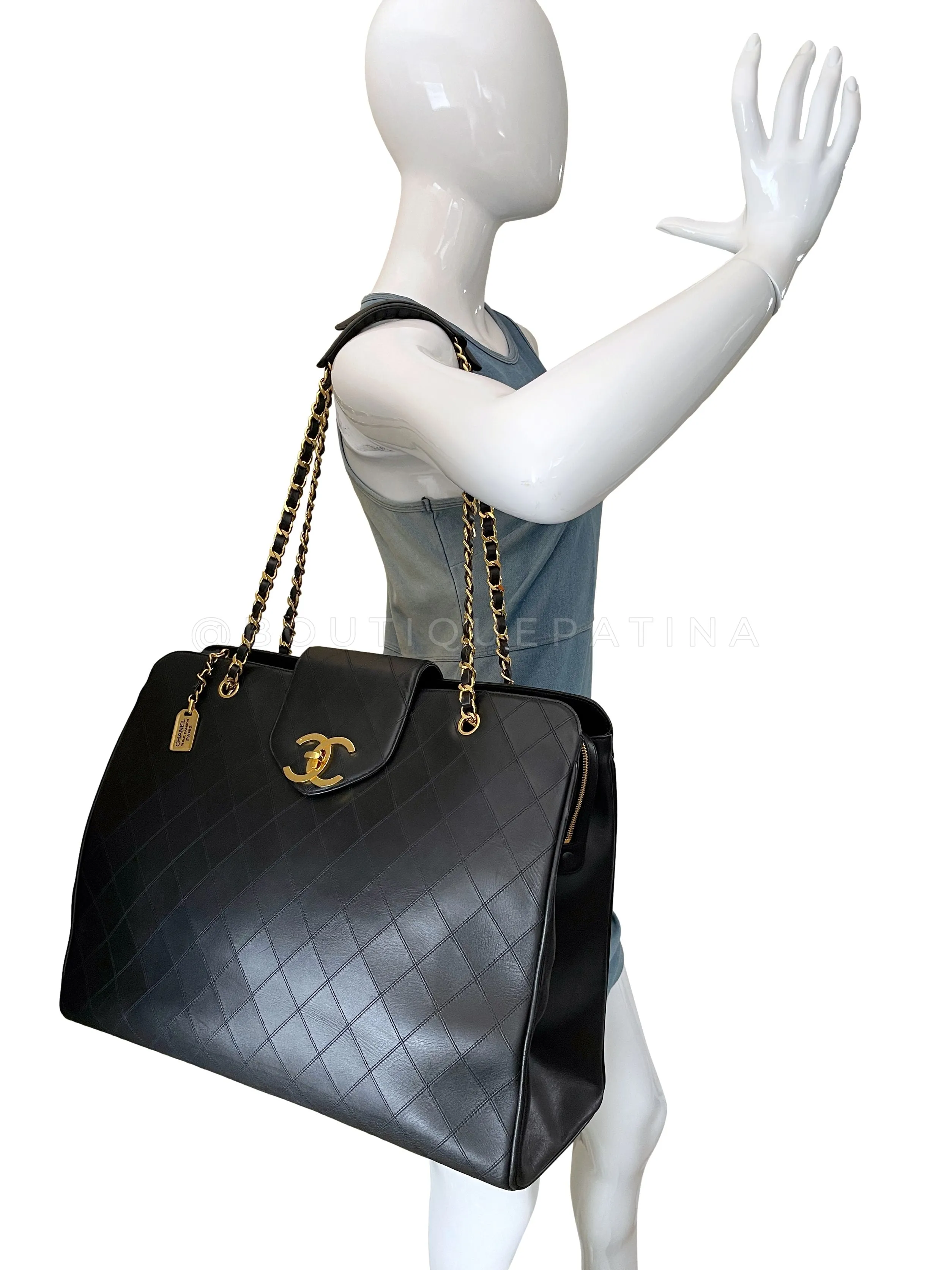 Chanel 1994 Vintage Black Quilted Supermodel XL Weekender Tote Bag 24k GHW