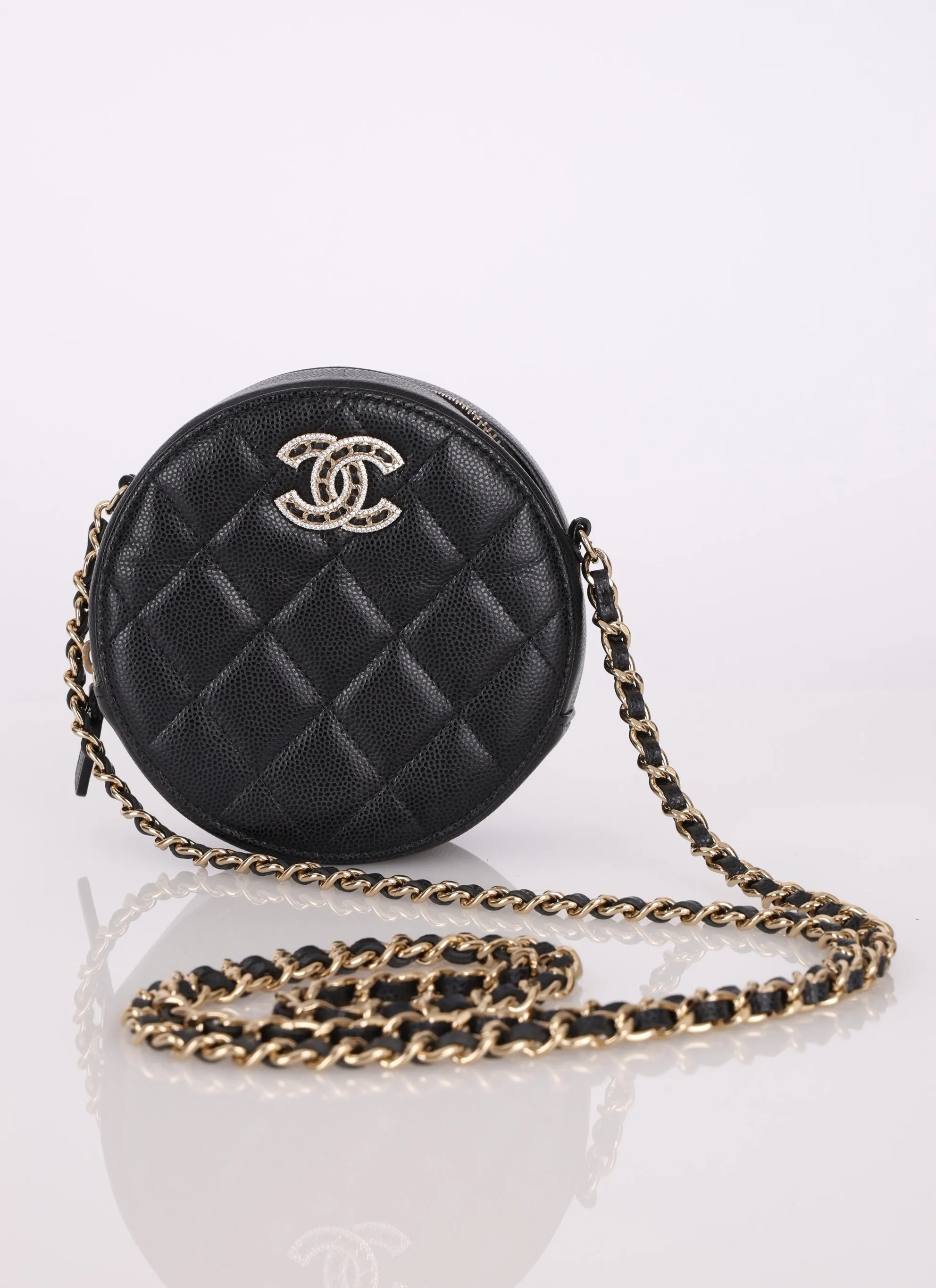 Chanel 2021 Caviar Crystal Round Crossbody