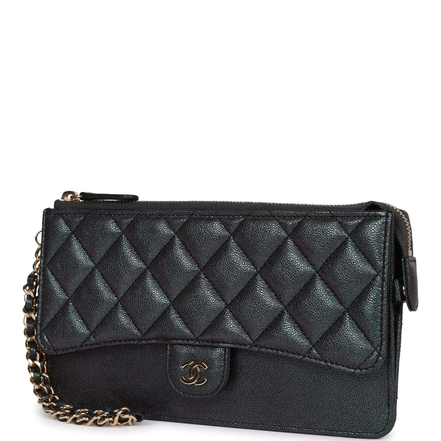 Chanel Classic Pouch with Handle Black Iridescent Caviar Gold Hardware