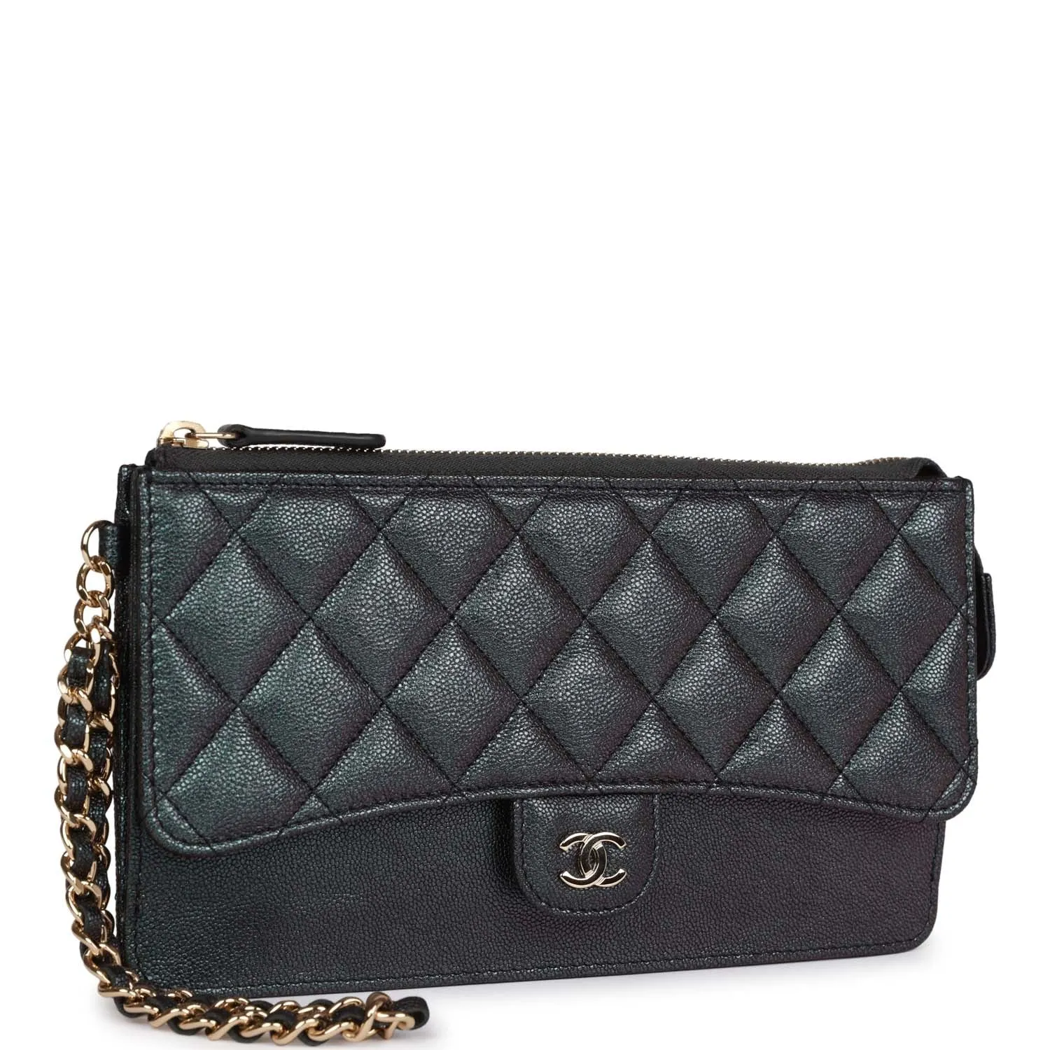 Chanel Classic Pouch with Handle Black Iridescent Caviar Gold Hardware