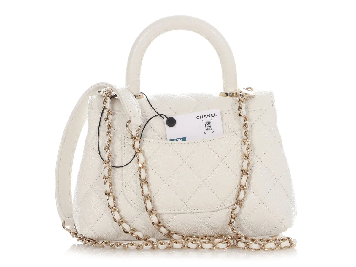 Chanel Extra Mini White Quilted Caviar Coco Handle TPM