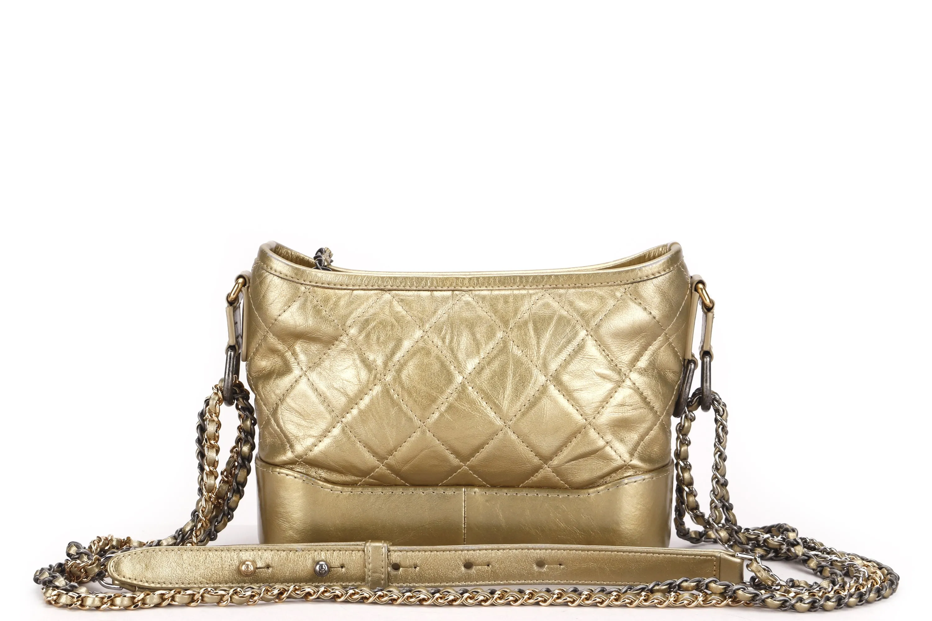 CHANEL GABRIELLE MINI METALLIC GOLD CALF LEATHER SLING BAG (2366xxxx), WITH DUST COVER, NO CARD