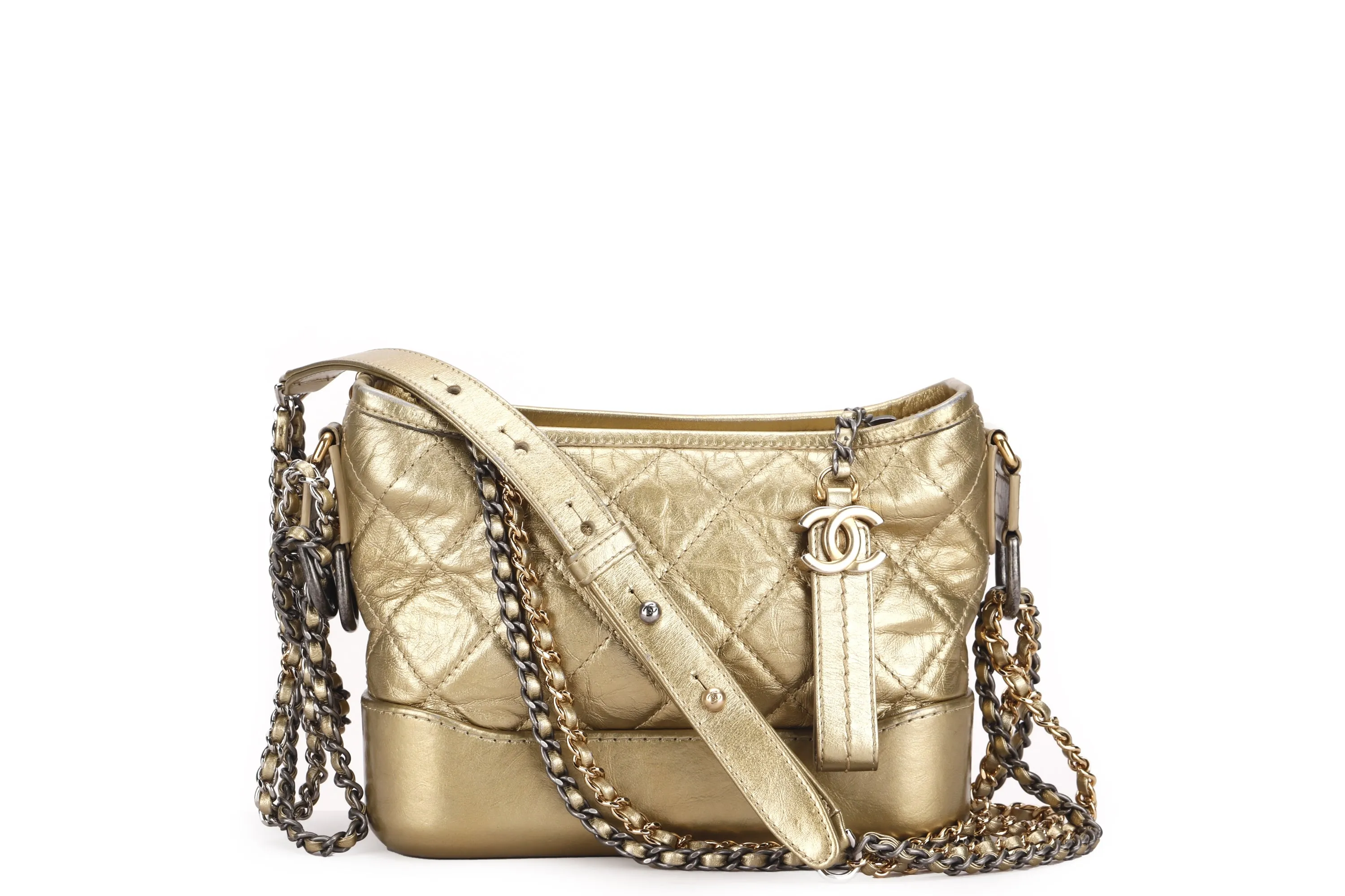 CHANEL GABRIELLE MINI METALLIC GOLD CALF LEATHER SLING BAG (2366xxxx), WITH DUST COVER, NO CARD