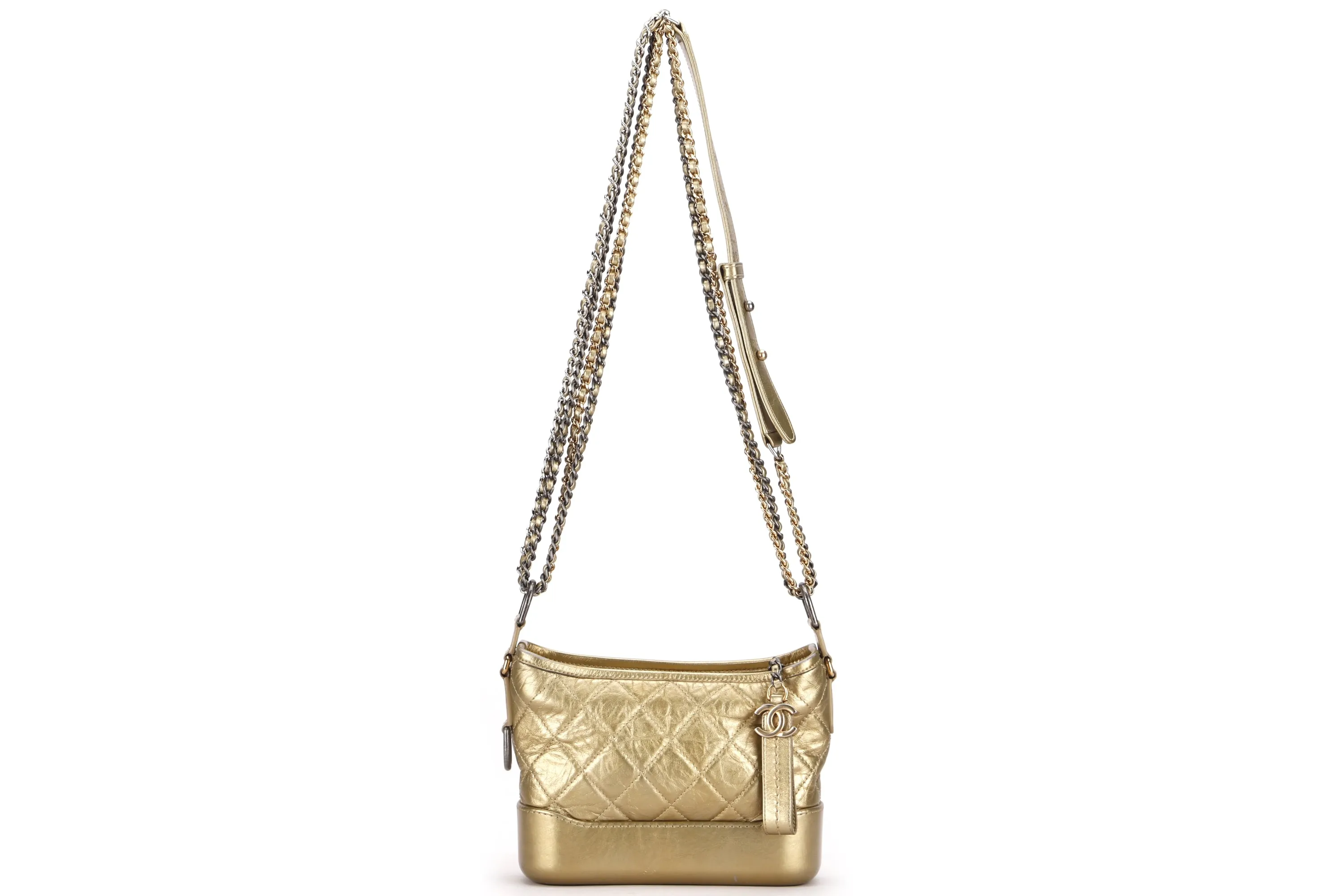 CHANEL GABRIELLE MINI METALLIC GOLD CALF LEATHER SLING BAG (2366xxxx), WITH DUST COVER, NO CARD