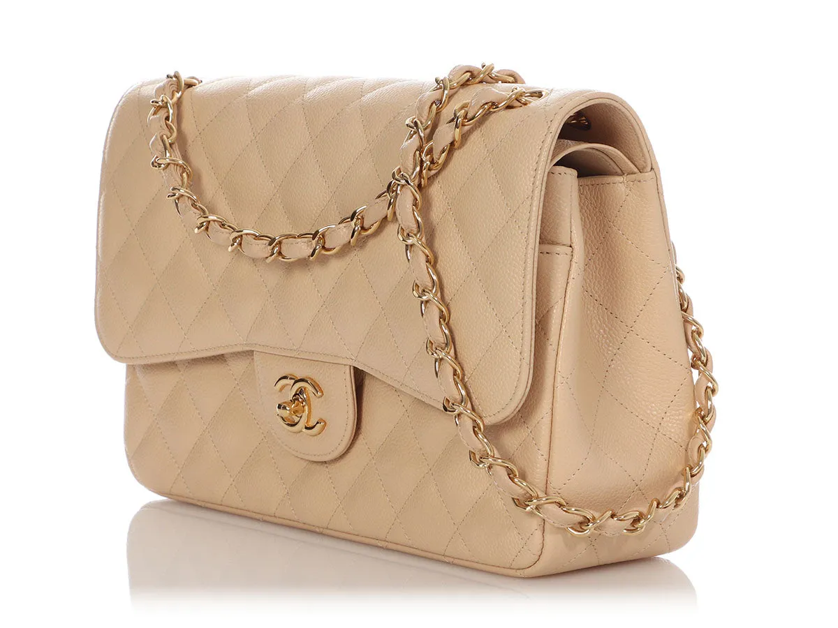 Chanel Jumbo Beige Quilted Caviar Classic Double Flap