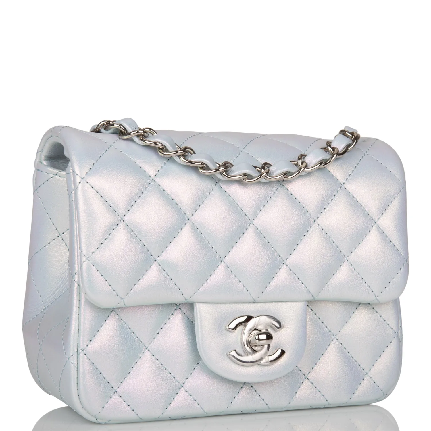 Chanel Mini Square Flap Bag Blue Iridescent Lambskin Silver Hardware