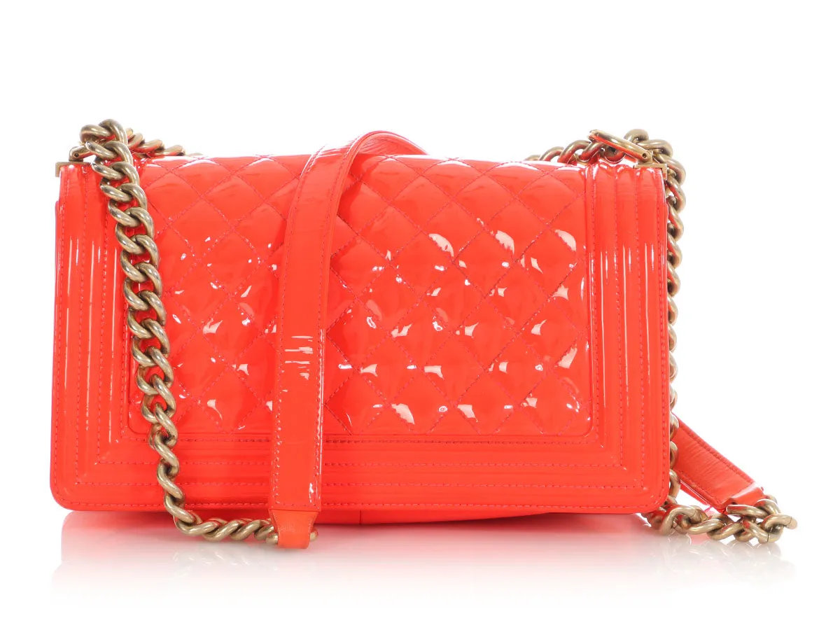 Chanel Old Medium Neon Orange Quilted Patent Boy Bag