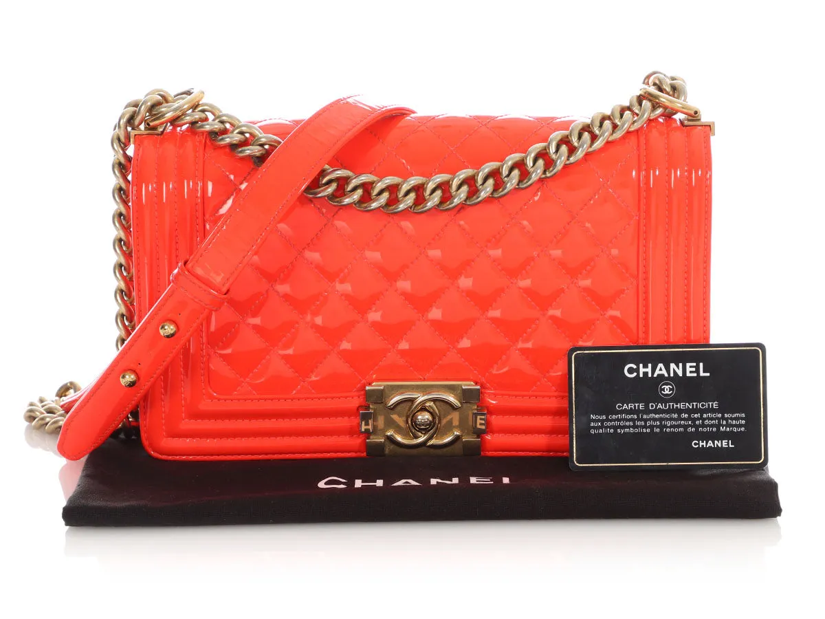 Chanel Old Medium Neon Orange Quilted Patent Boy Bag