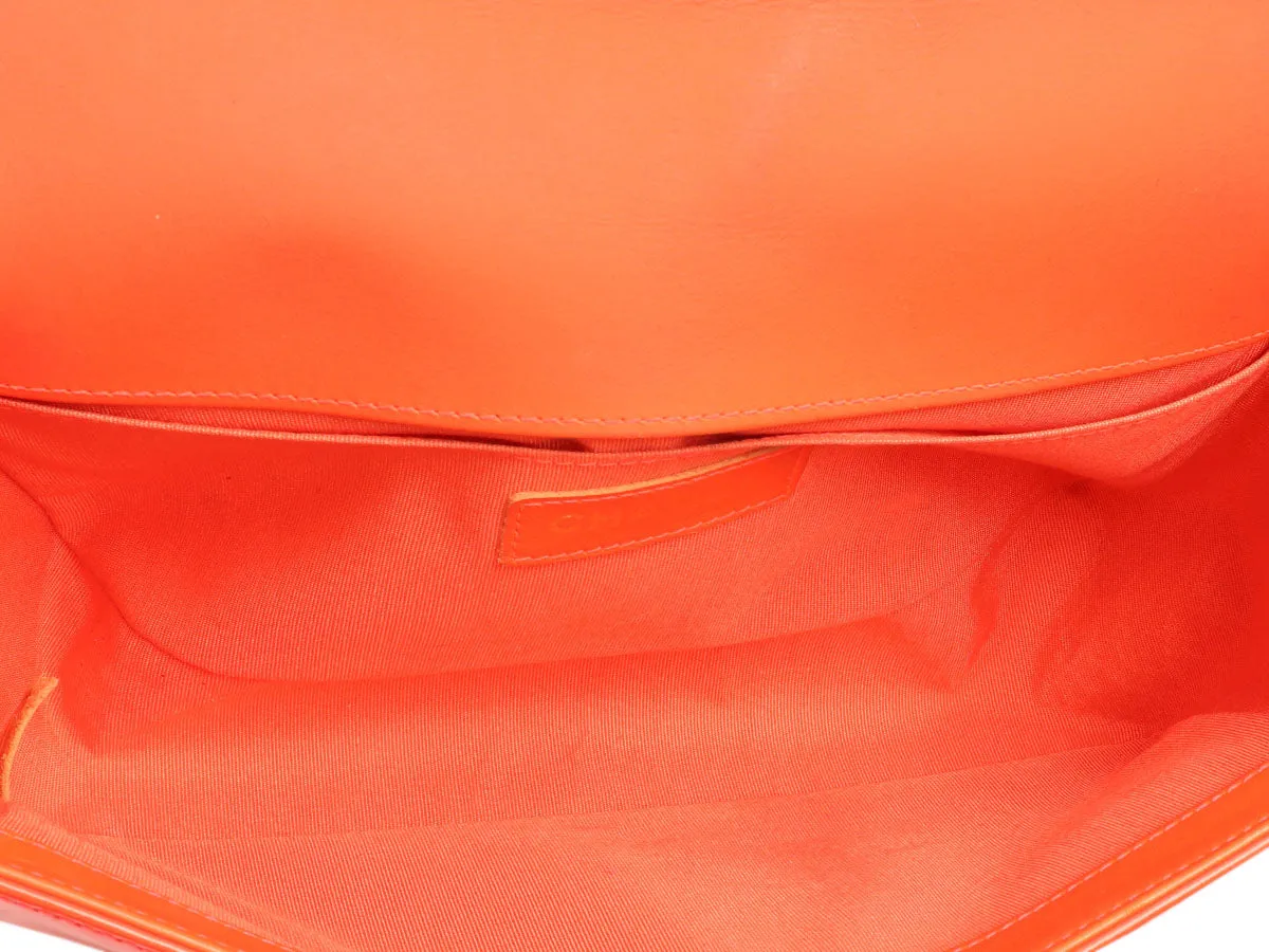 Chanel Old Medium Neon Orange Quilted Patent Boy Bag