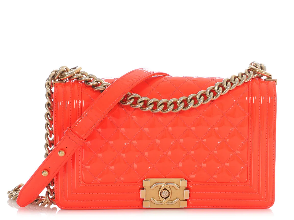 Chanel Old Medium Neon Orange Quilted Patent Boy Bag