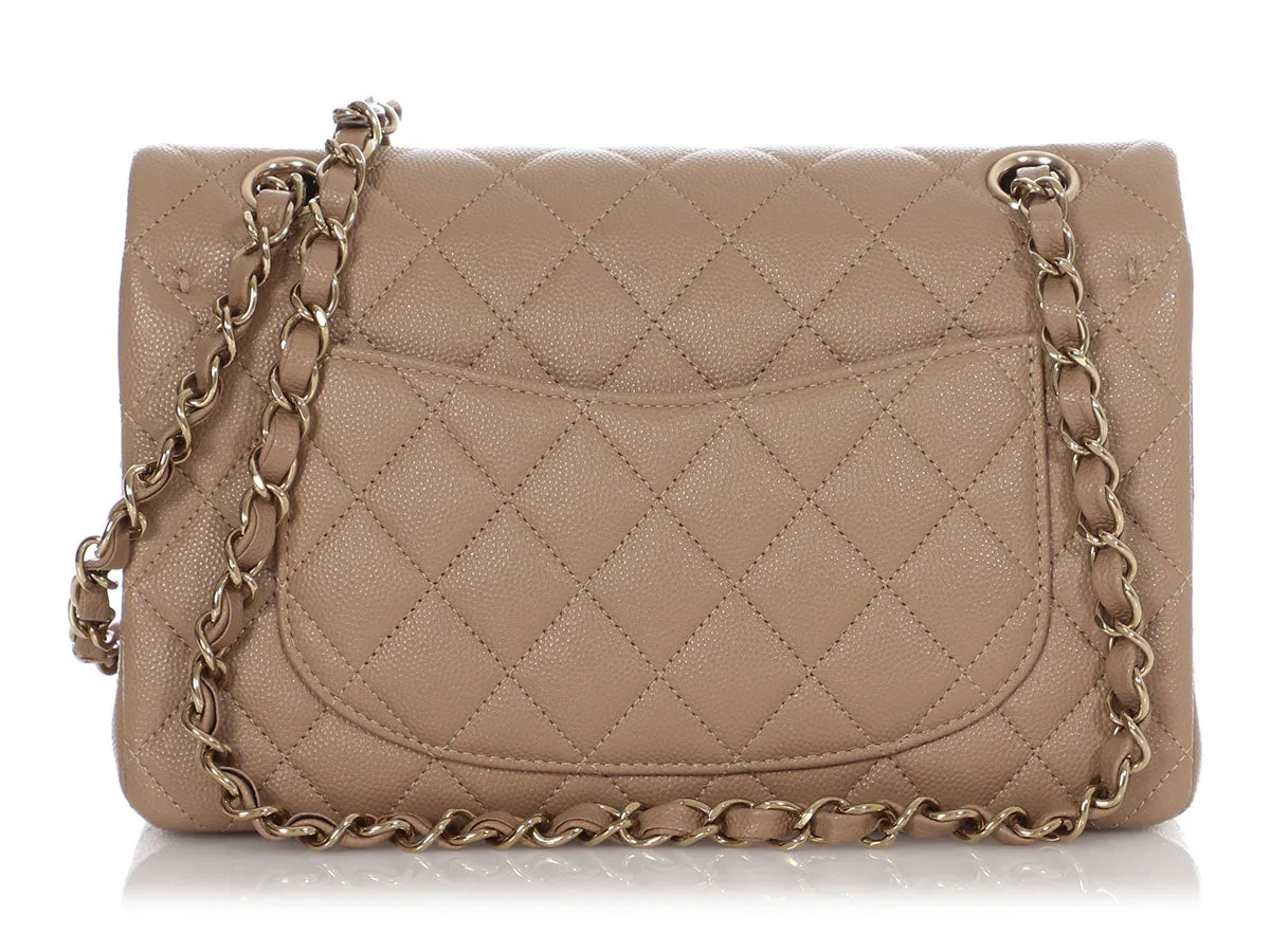 Chanel Small Dark Beige Quilted Caviar Classic Double Flap