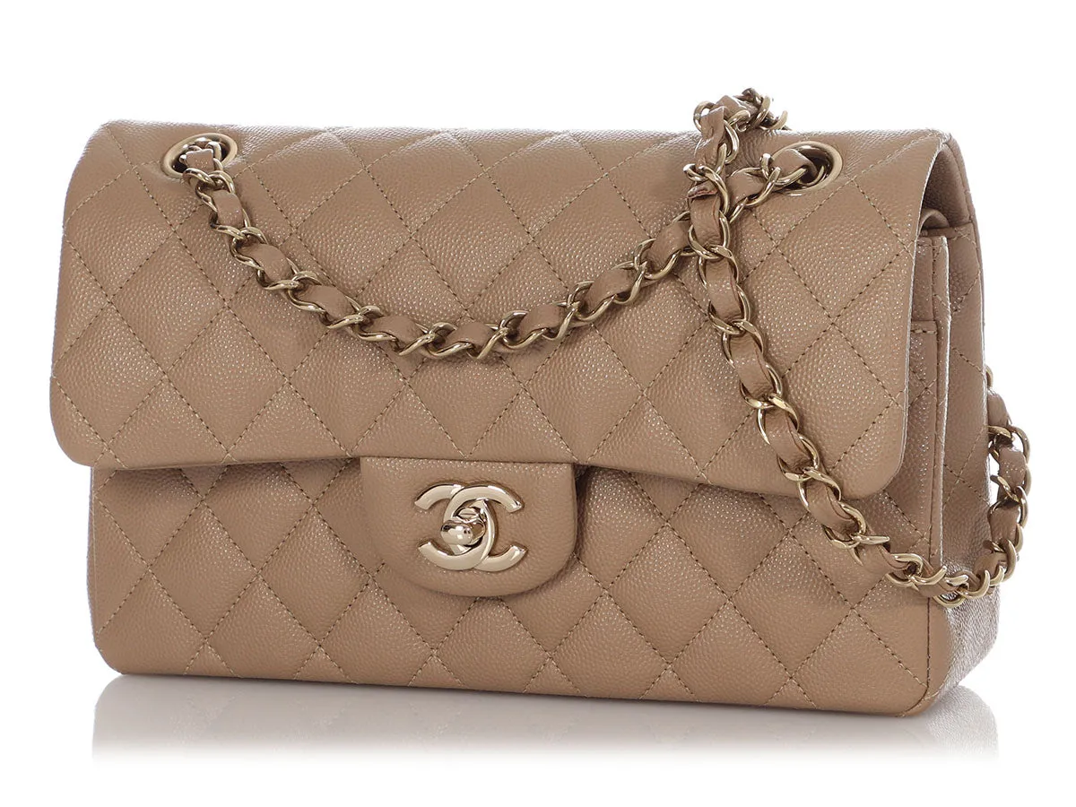 Chanel Small Dark Beige Quilted Caviar Classic Double Flap