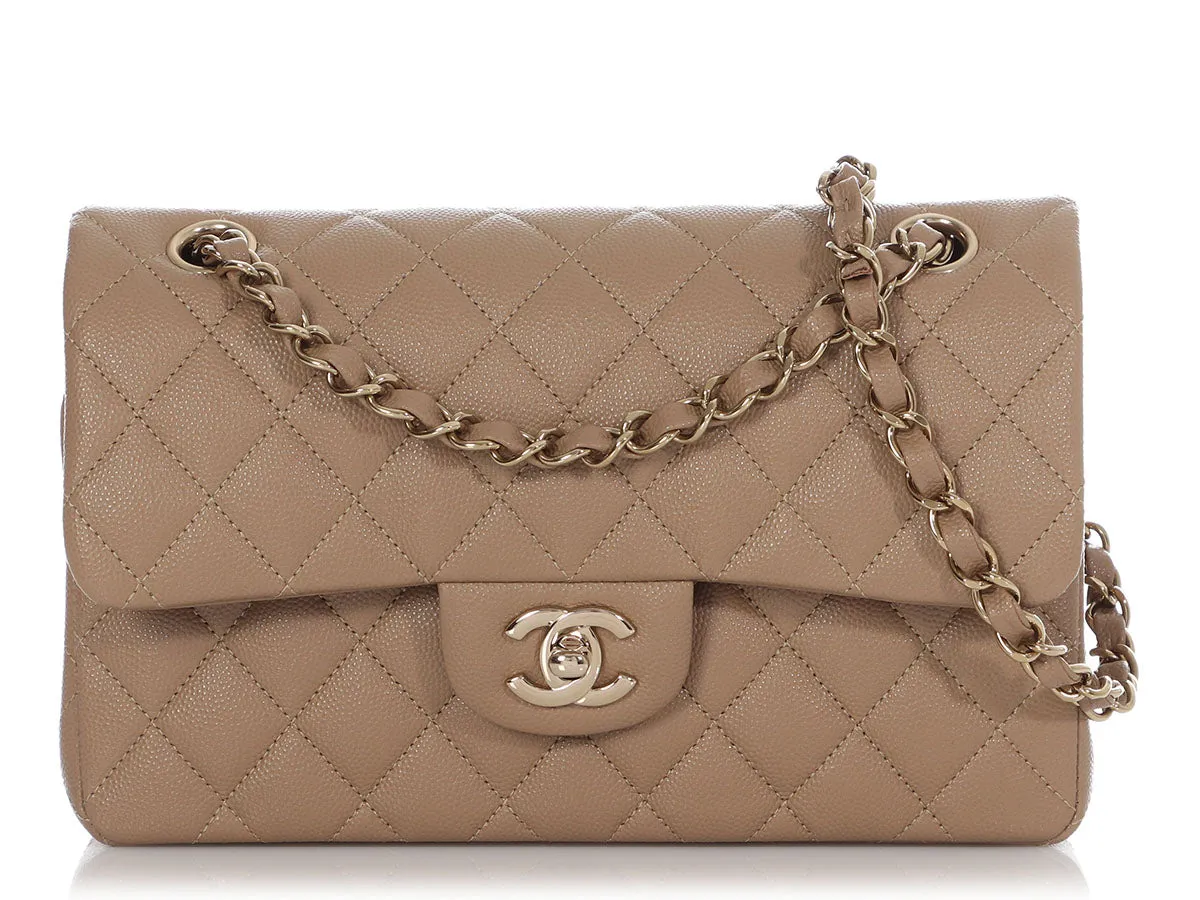 Chanel Small Dark Beige Quilted Caviar Classic Double Flap