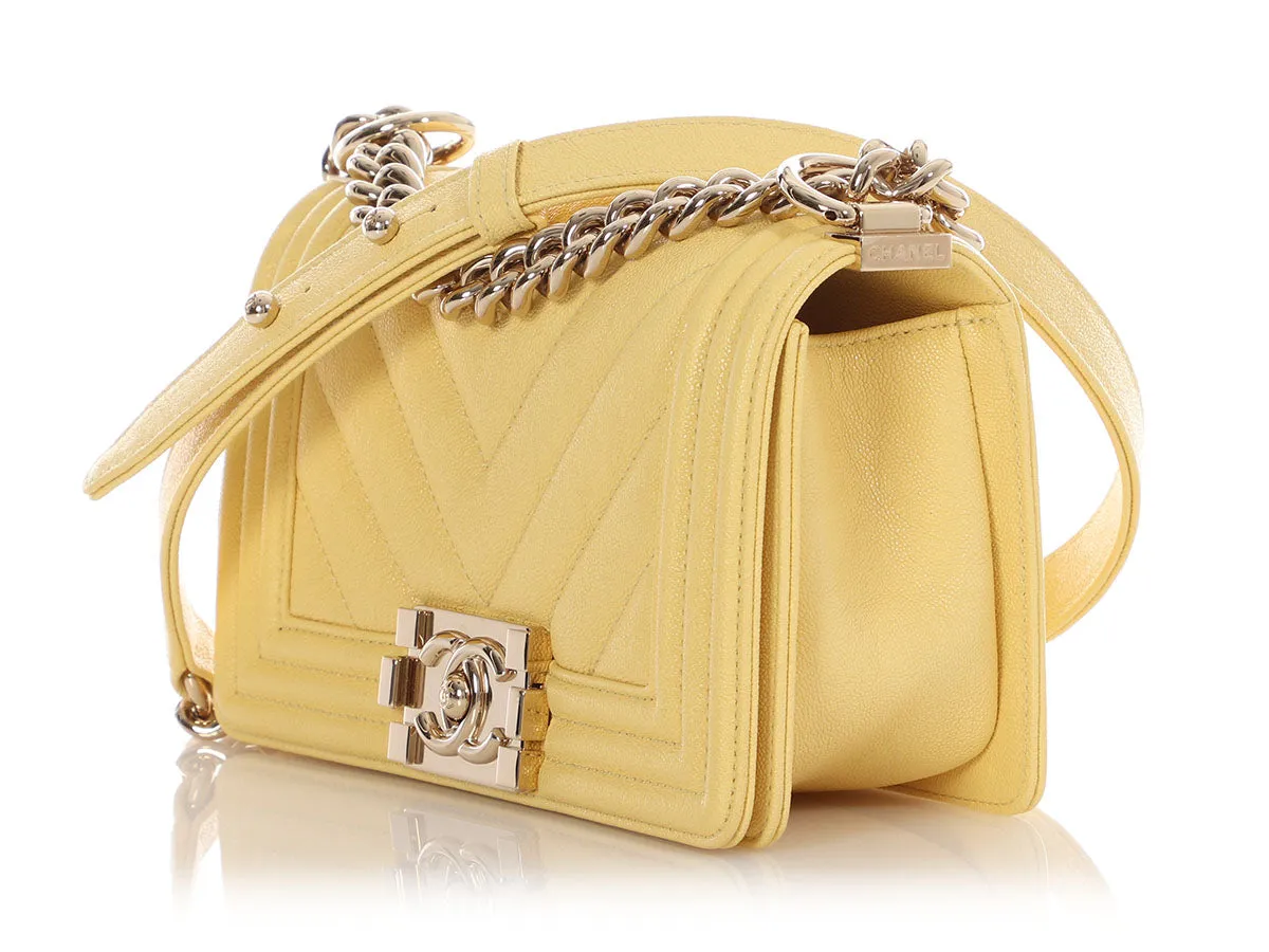 Chanel Small Yellow Chevron-Quilted Caviar Boy Bag