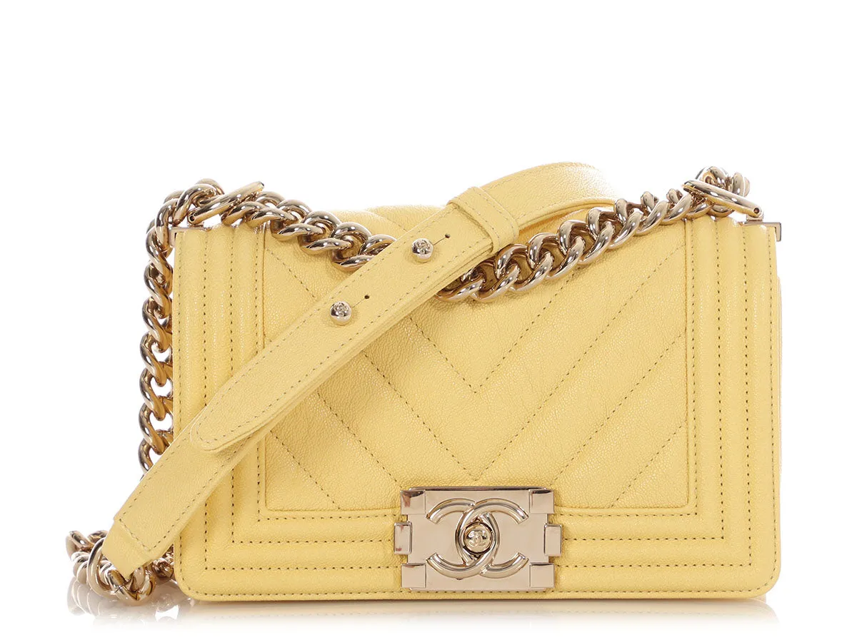 Chanel Small Yellow Chevron-Quilted Caviar Boy Bag