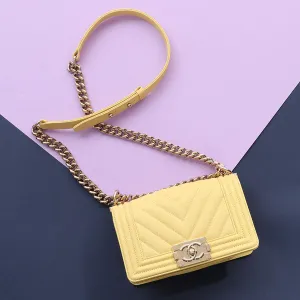 Chanel Small Yellow Chevron-Quilted Caviar Boy Bag