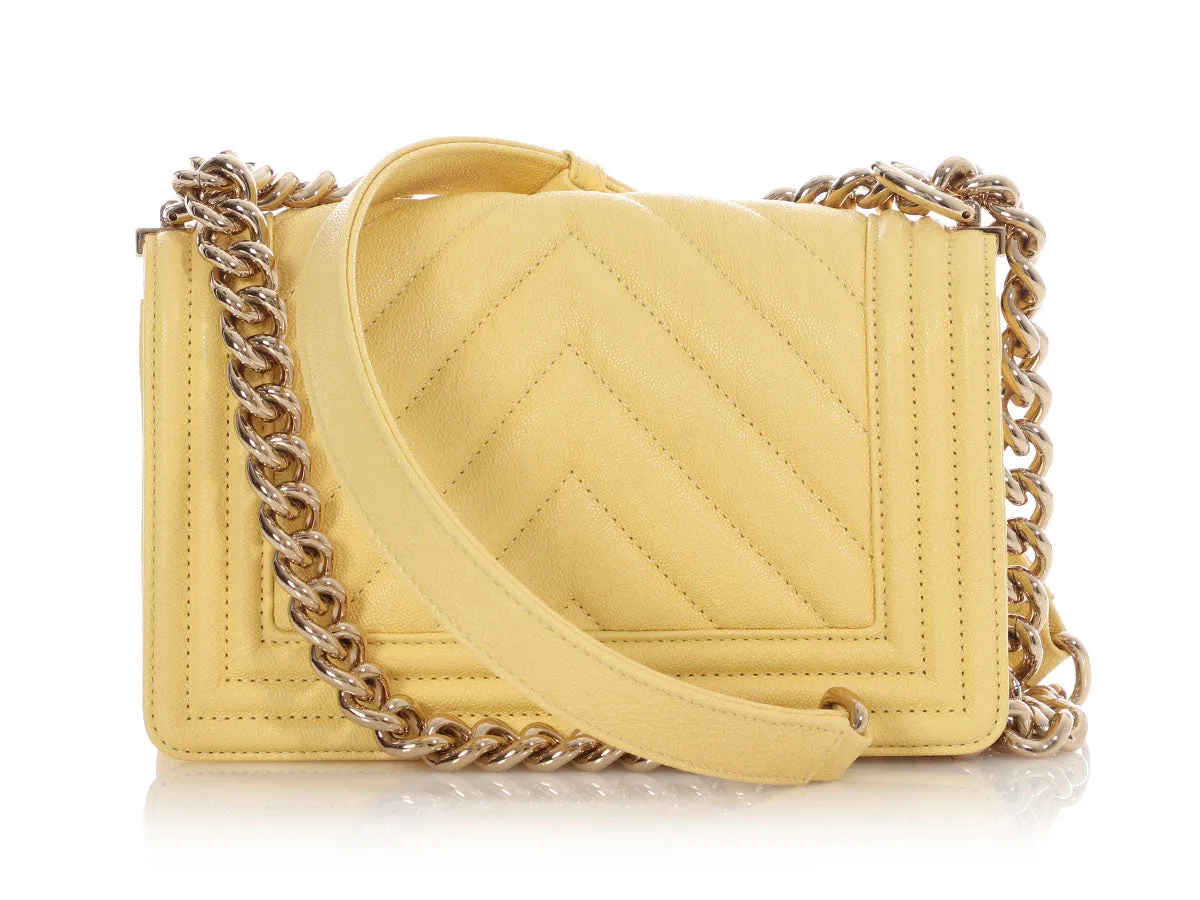 Chanel Small Yellow Chevron-Quilted Caviar Boy Bag