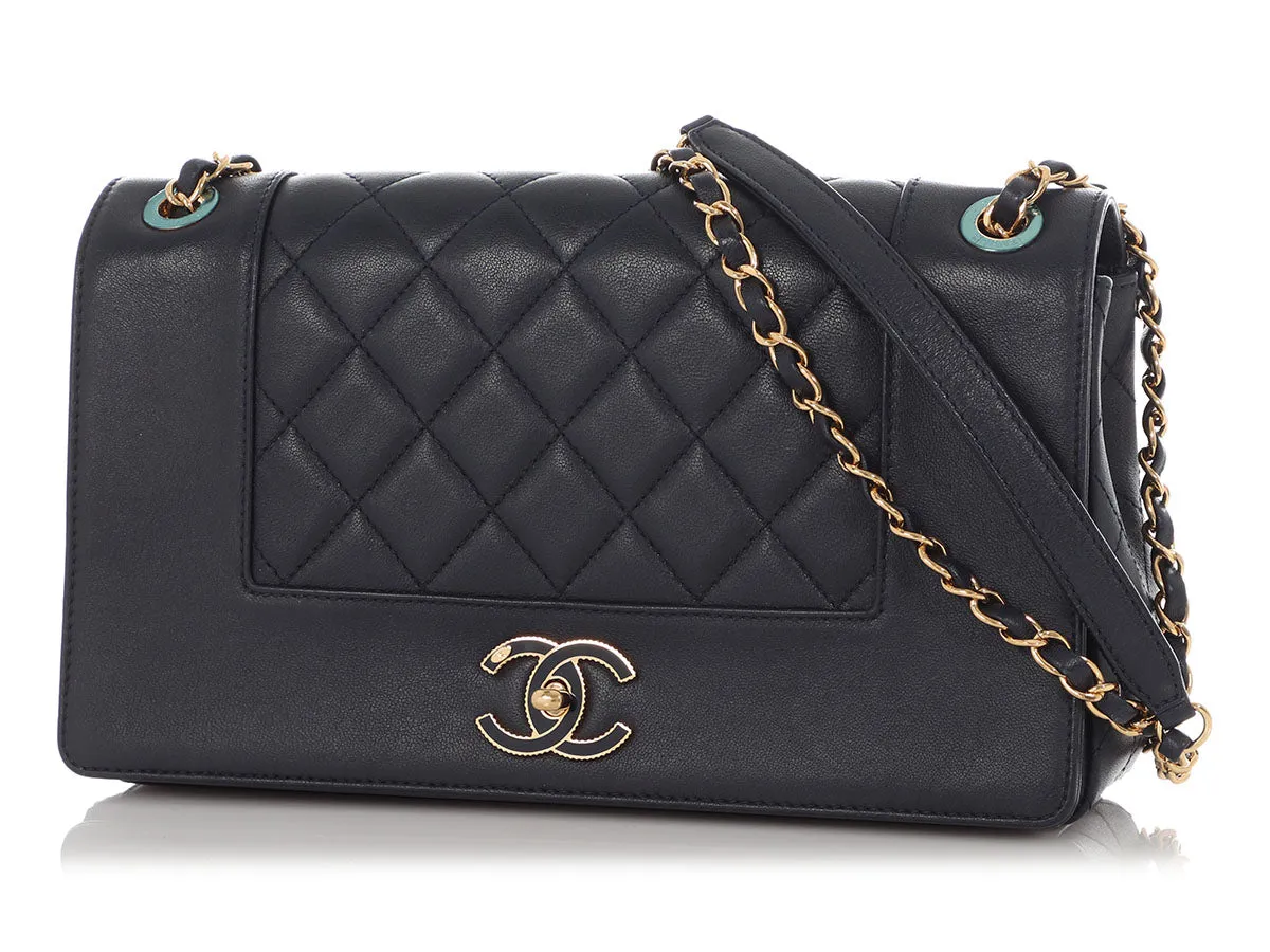 Chanel Vintage Medium Navy Part-Quilted Sheepskin Mademoiselle Flap