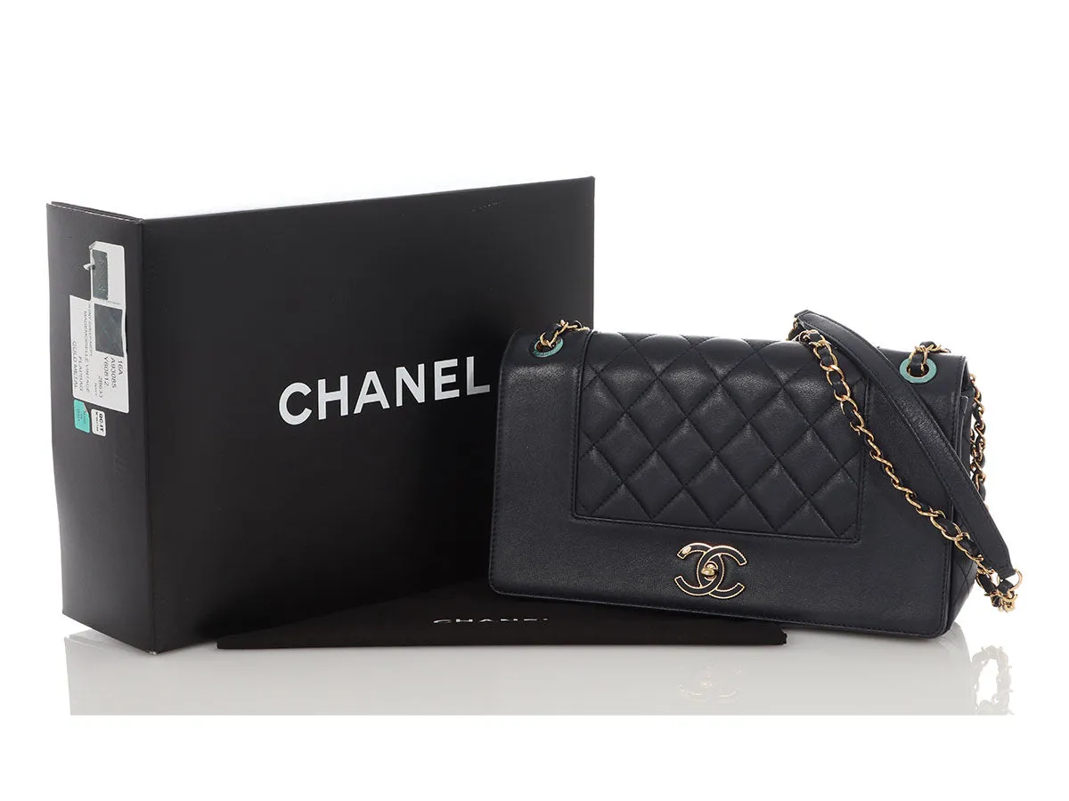 Chanel Vintage Medium Navy Part-Quilted Sheepskin Mademoiselle Flap