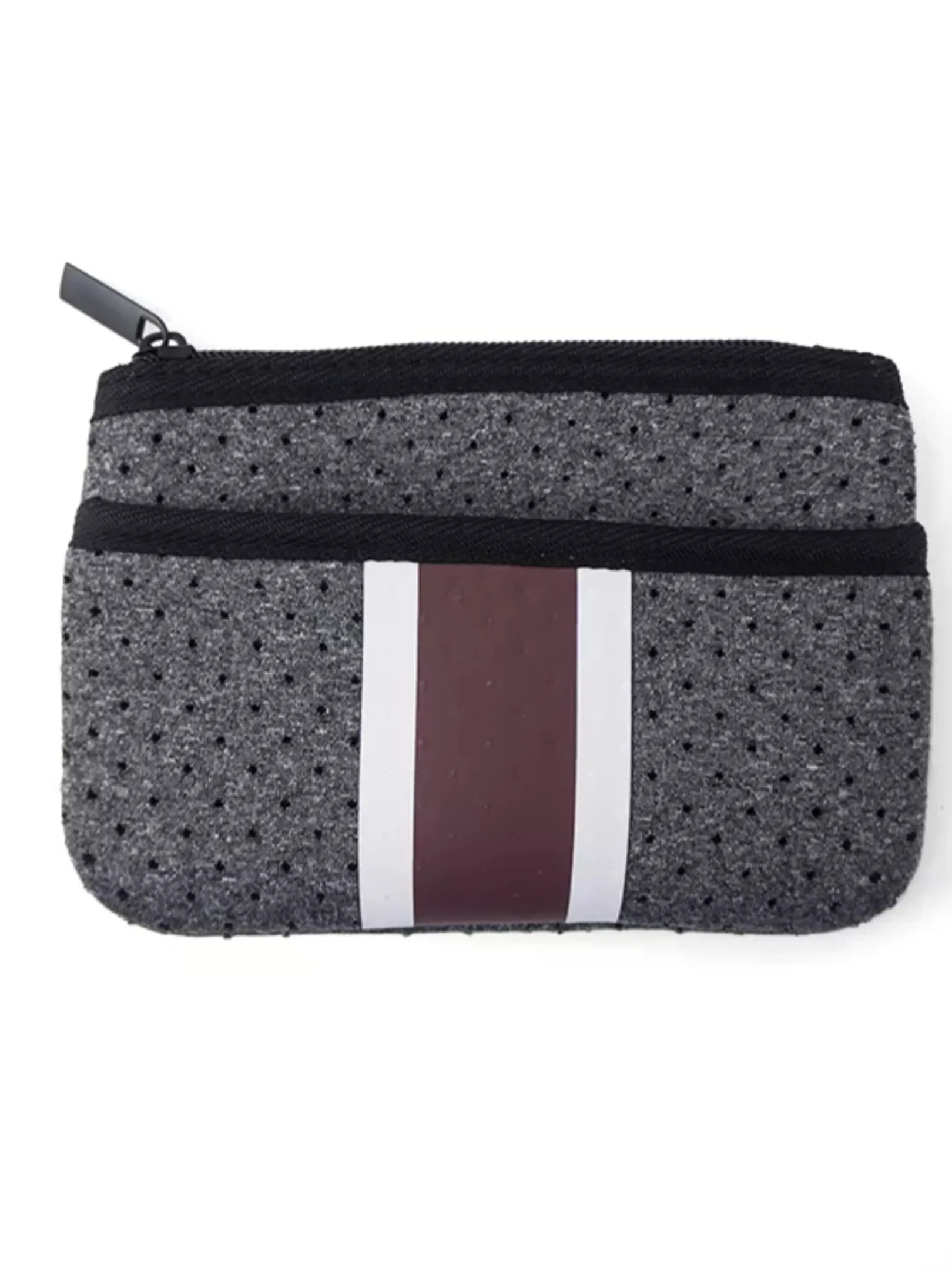 Charcoal Burgundy Stripe Mini Neoprene Card, Wallet, Bag Key Purse with Zipper Closure