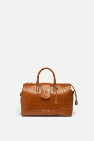 Convertible Executive Leather Bag in Crocodile Print Camel - WAITLIST