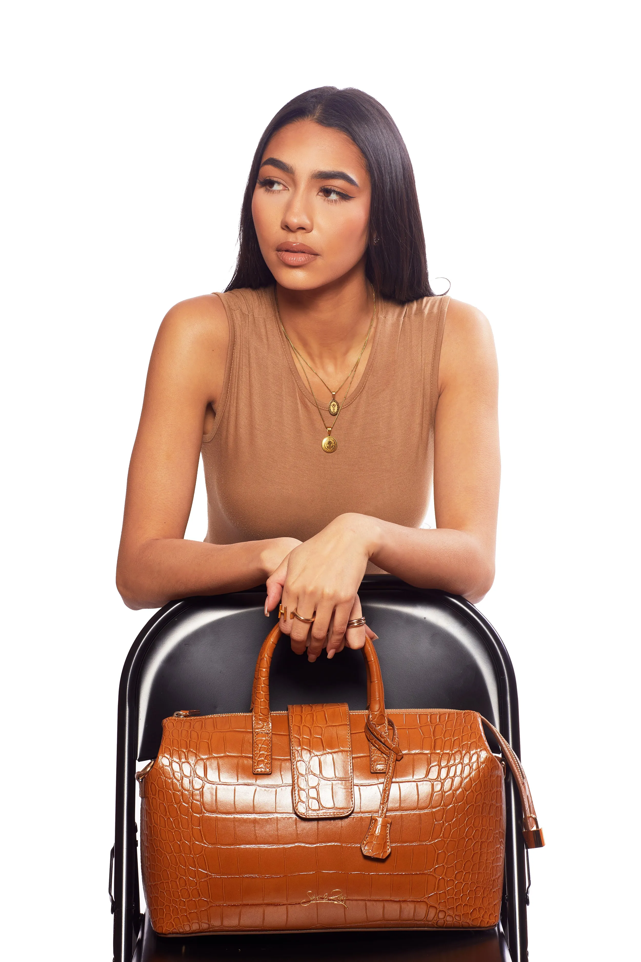 Convertible Executive Leather Bag in Crocodile Print Camel - WAITLIST