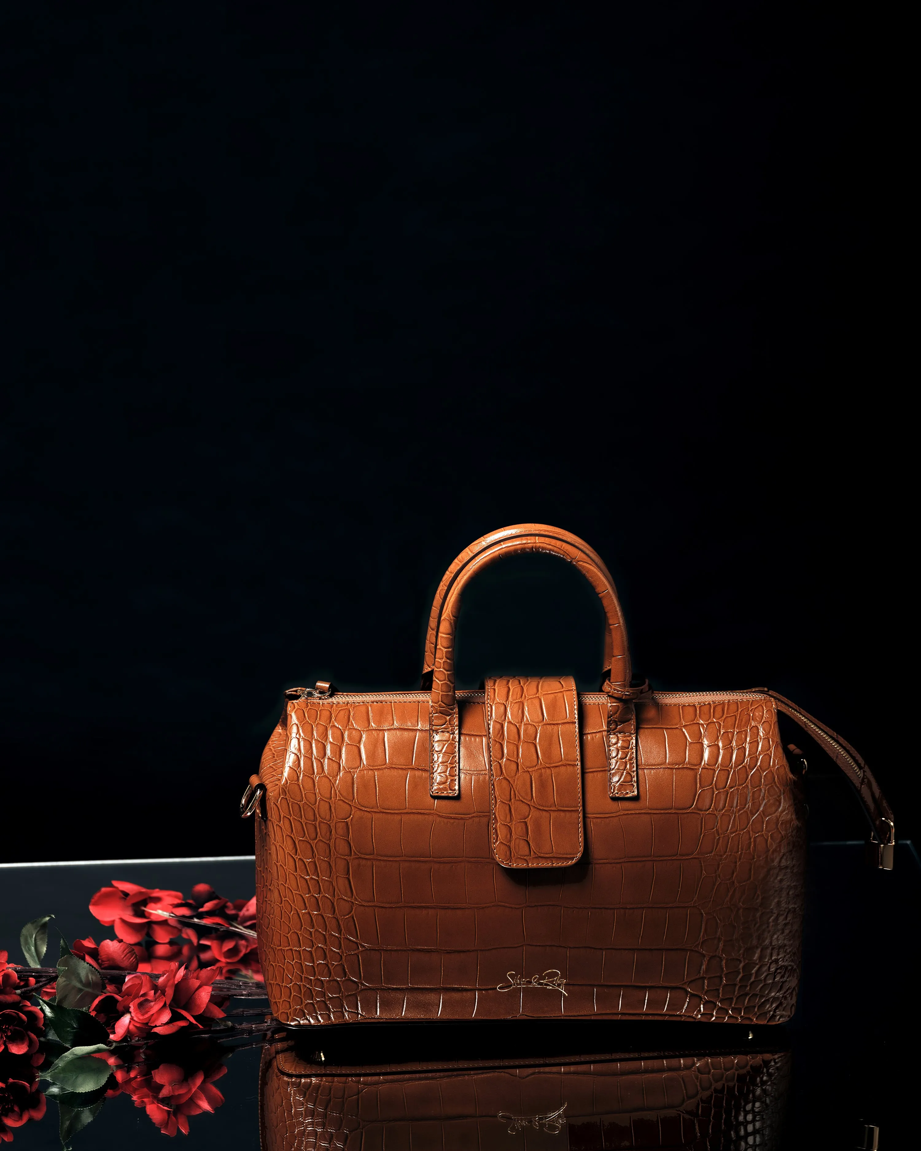 Convertible Executive Leather Bag in Crocodile Print Camel - WAITLIST