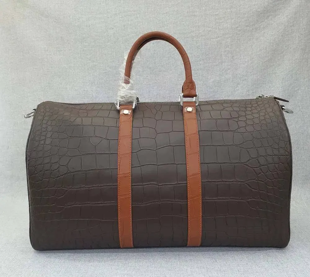 Crocodile Leather Travel Duffel Bag Brown With Tan Handle