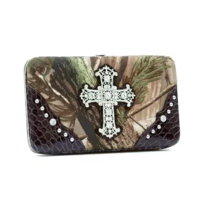 Dasein Extra Deep Frame Wallet w/ Rhinestone Cross in Real Tree Camo/Coffee Trim