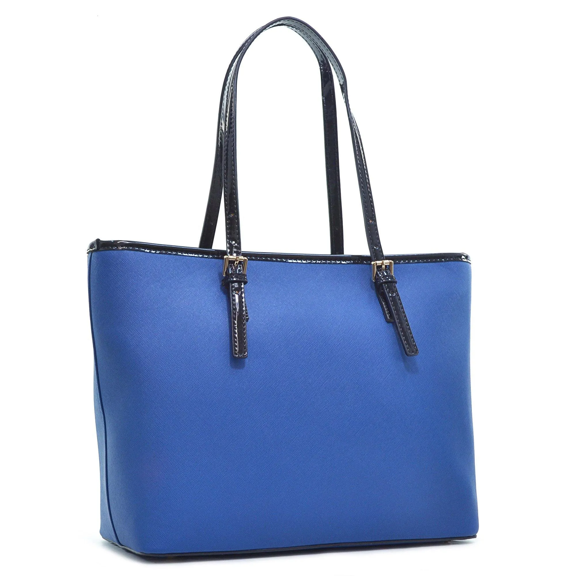 Dasein Saffiano Leather Patent Trim Tote Bag