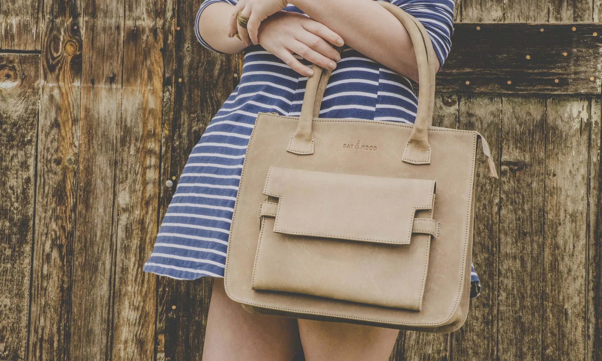 Day & Mood Iris Vintage Grey Leather Satchel Handbag