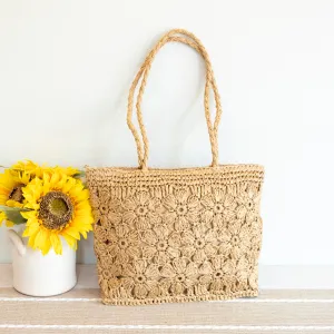 Elena Handbags Straw Woven Tote with Floral Design