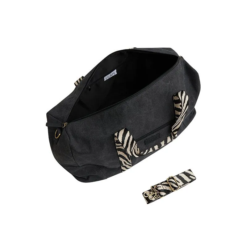 Escape Classic Canvas Weekender Bag With Zebra Print Straps – Black