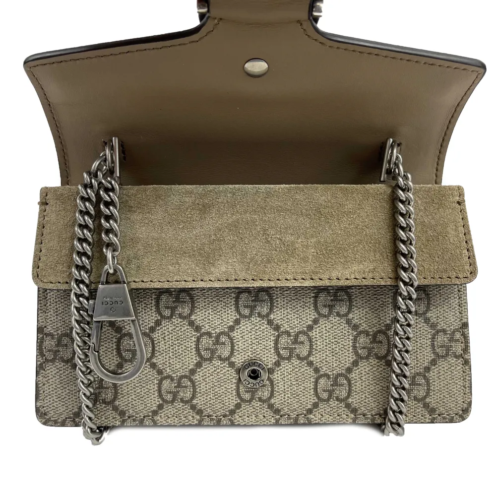 Gucci - Dionysus GG Supreme Super Mini Bag - Brown / Silver Chain Crossbody