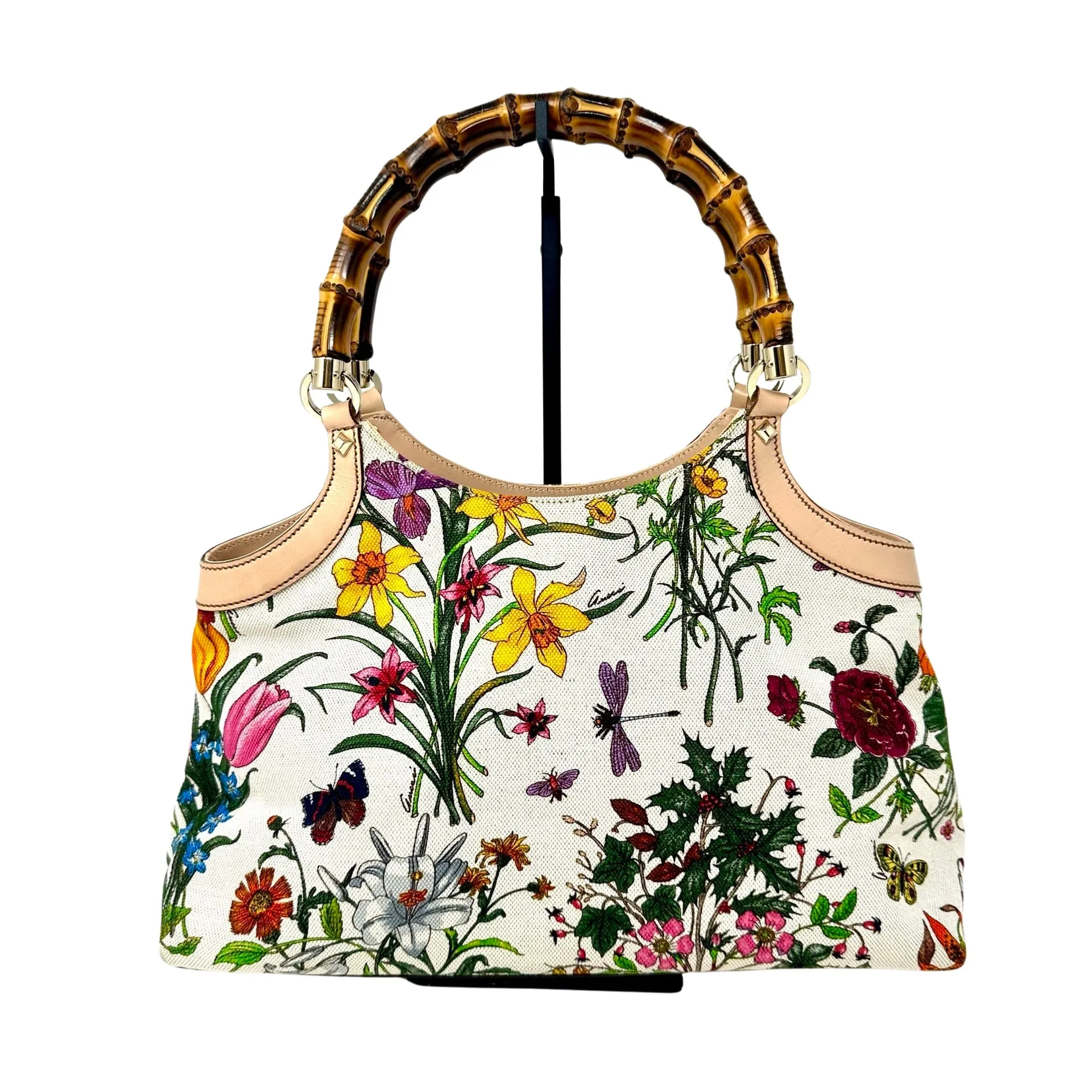 GUCCI White Floral Satchel Bag Bamboo Handles