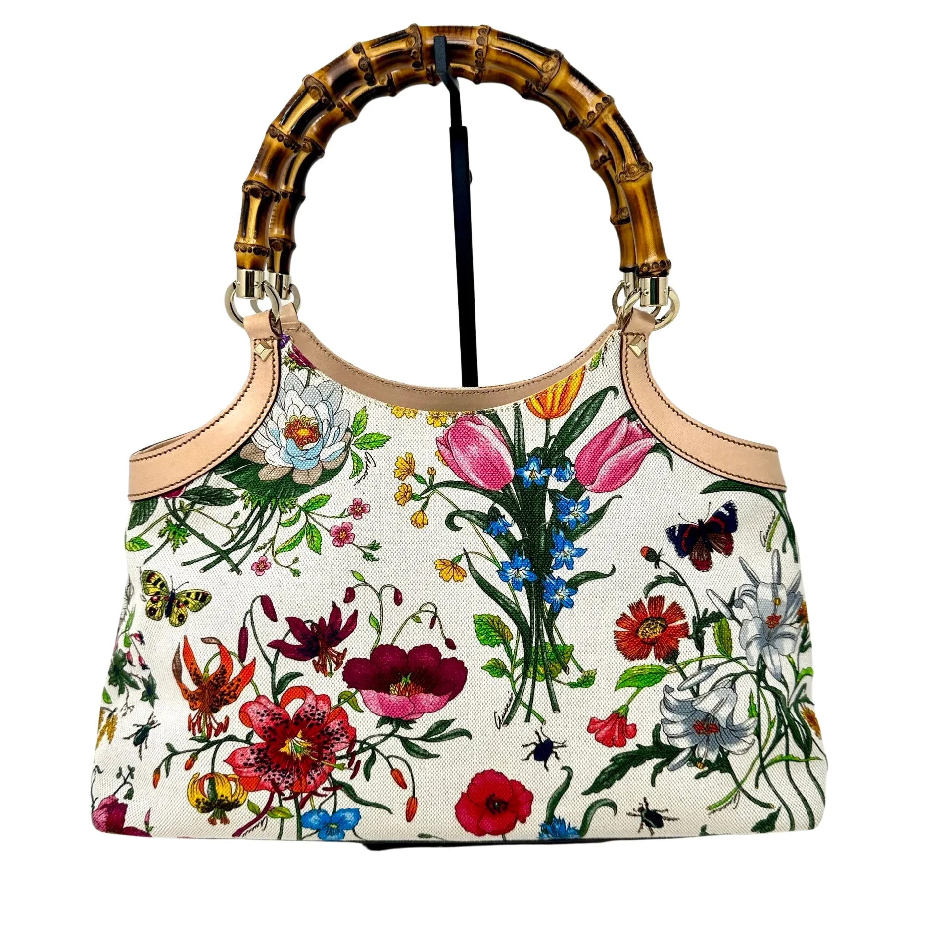 GUCCI White Floral Satchel Bag Bamboo Handles