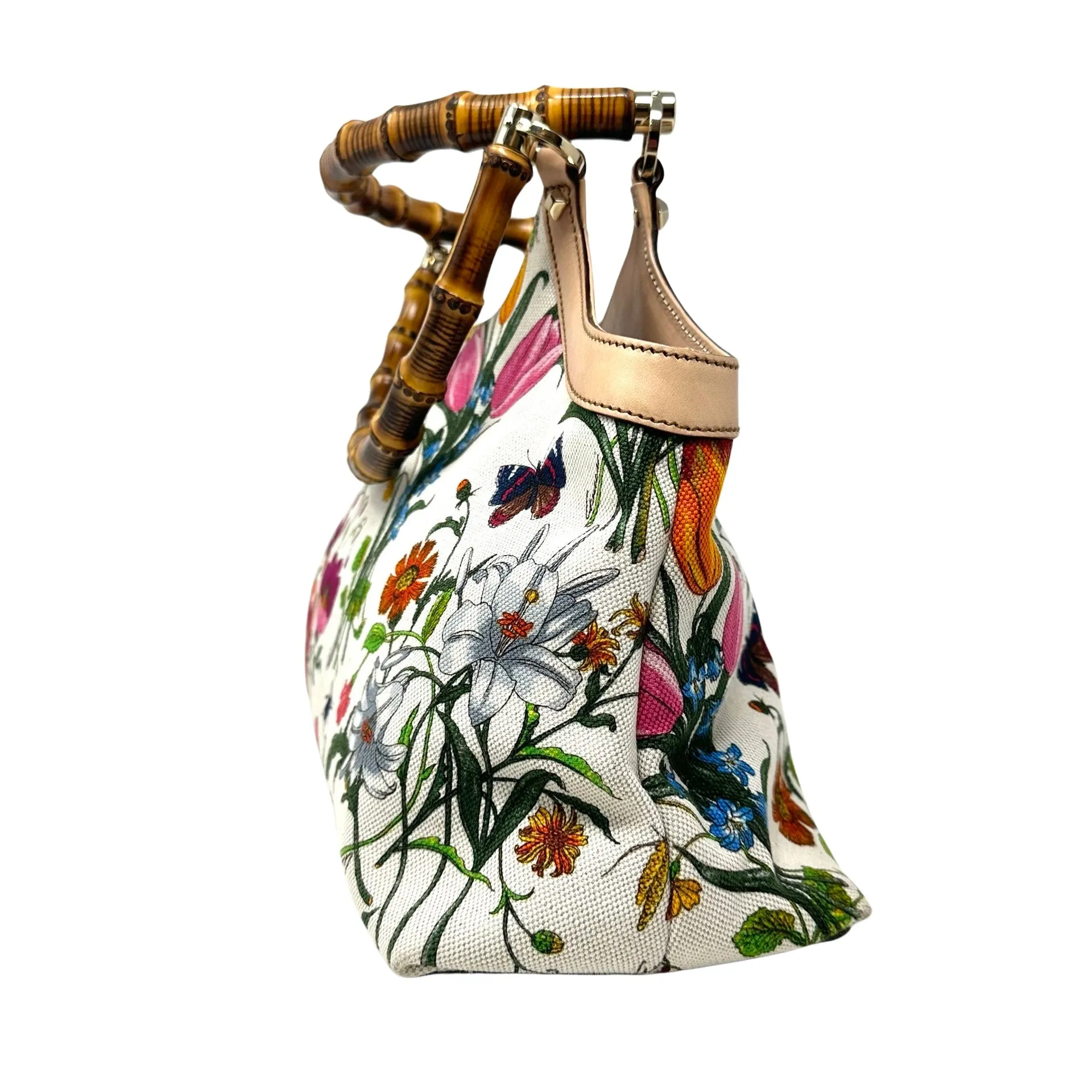 GUCCI White Floral Satchel Bag Bamboo Handles