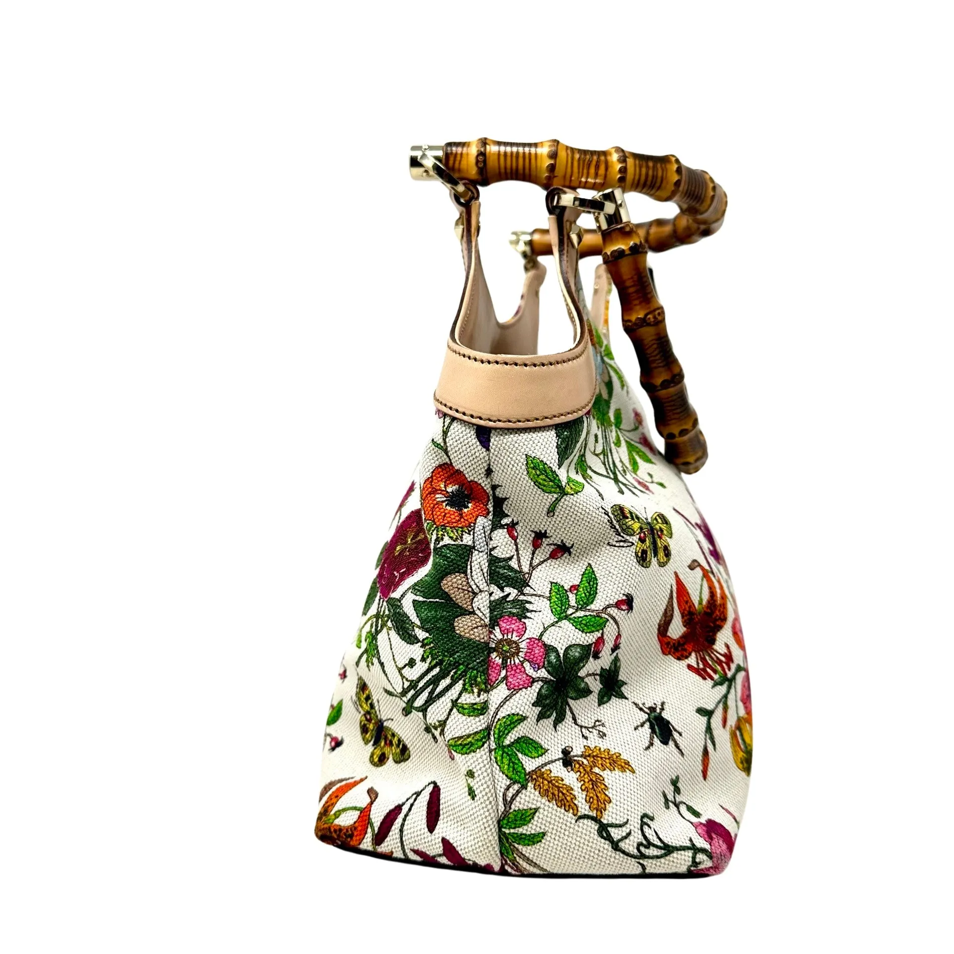 GUCCI White Floral Satchel Bag Bamboo Handles