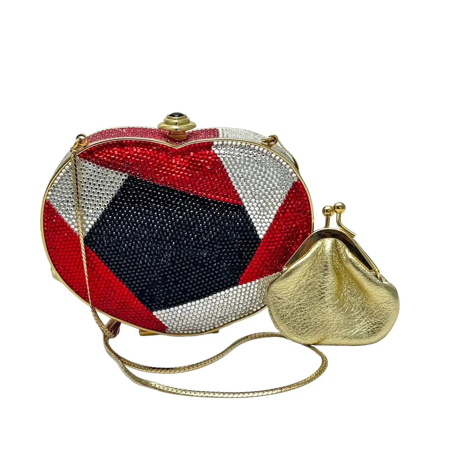 JUDITH LEIBER Vintage Swarovski Heart-Shaped Minaudière Clutch - Black, Silver & Red