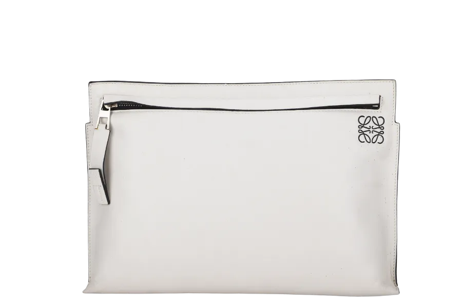 LOEWE T POUCH (06 14 07) WHITE CALF LEATHER SILVER HARDWARE, NO DUST COVER