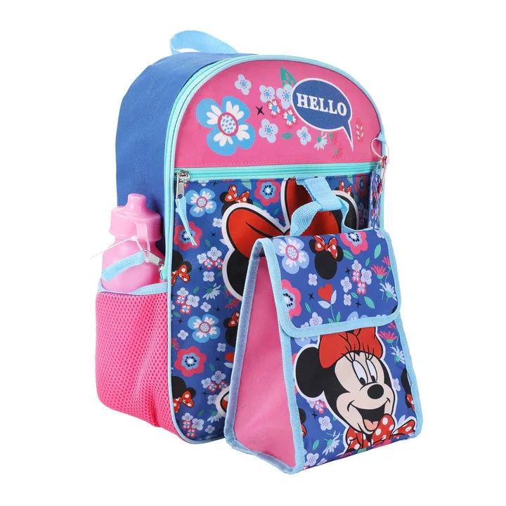 Minnie Mouse Floral Pattern Kids 16" Backpack and Lunch Bag 5 Piece Set