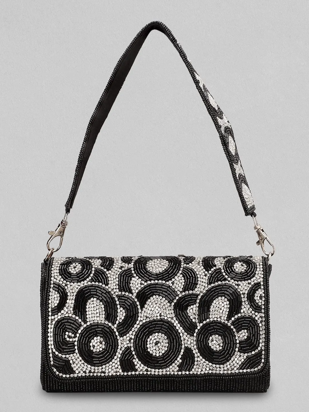 Rubans Black And White Beaded Sling Bag