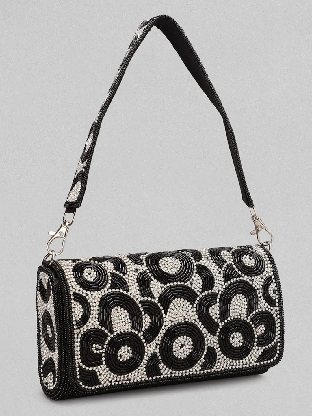 Rubans Black And White Beaded Sling Bag