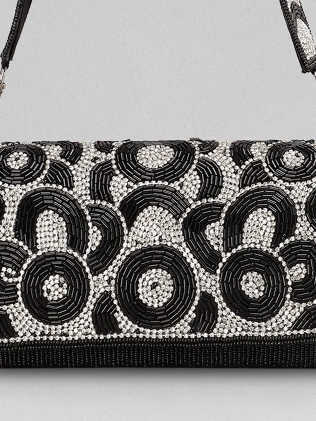 Rubans Black And White Beaded Sling Bag