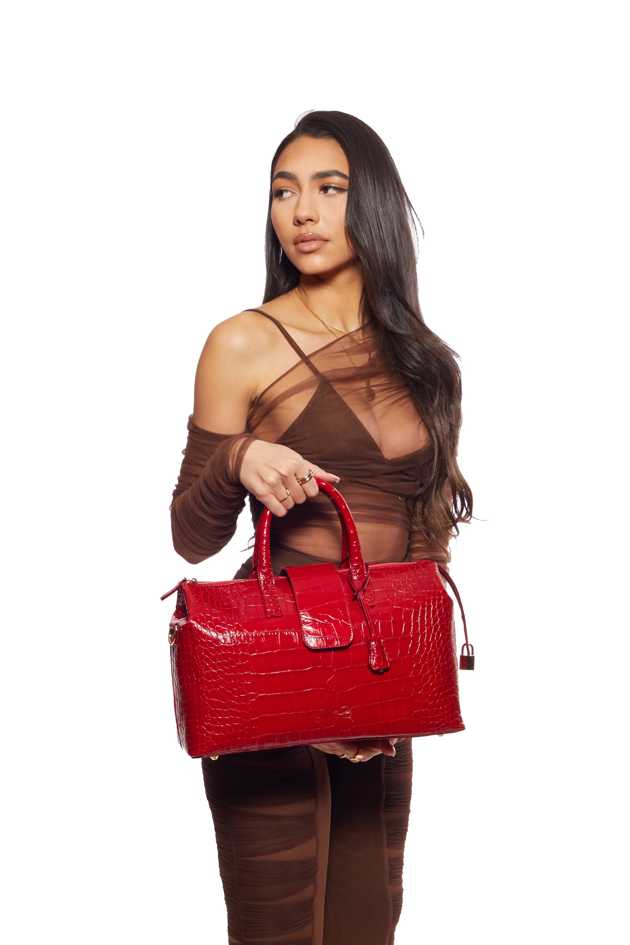 SSW - Convertible Executive Leather Bag in Crocodile Print Fiery Red