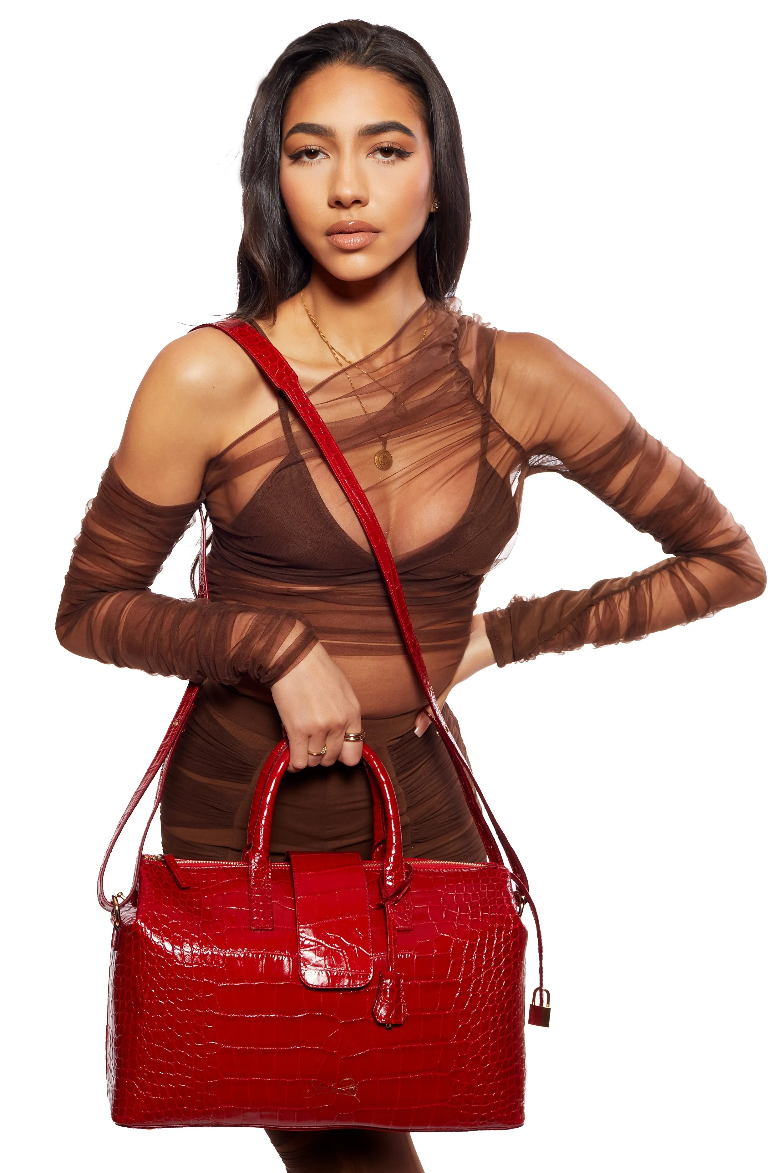 SSW - Convertible Executive Leather Bag in Crocodile Print Fiery Red