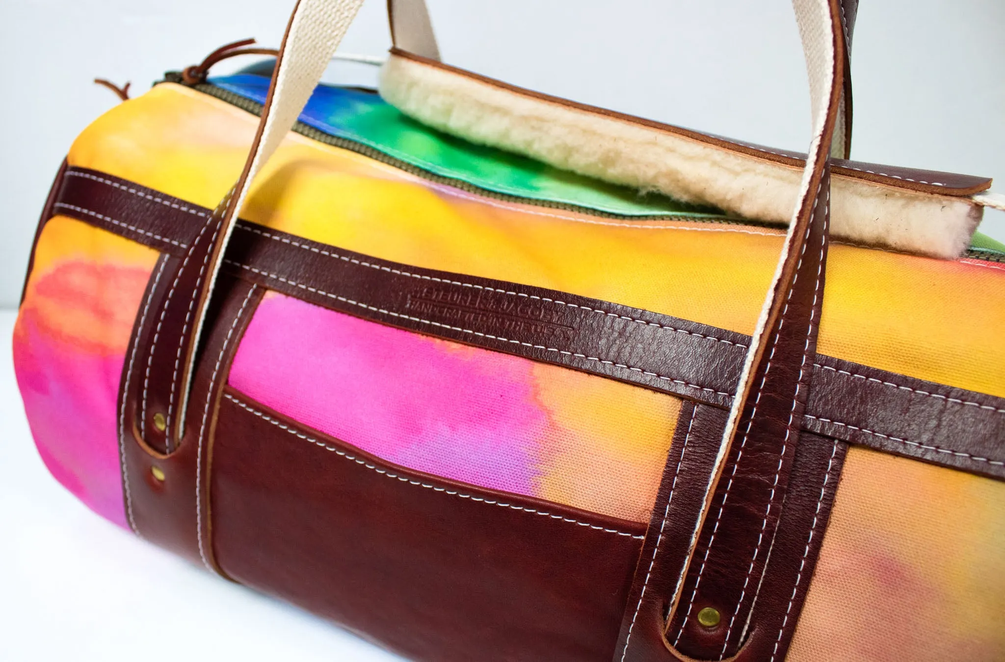 Tie Dye and Burgundy Leather Club Duffel Bag